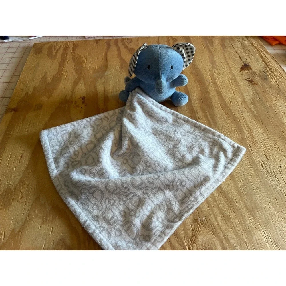 Babies R Us Blue Elephant Checkered Ears Gray Cars Security‎ Blanket (B1)